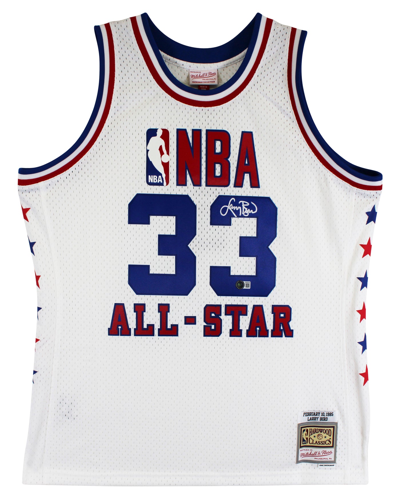 Celtics Larry Bird Signed 1986 White M&N All-Star Game Swingman Jersey BAS Wit