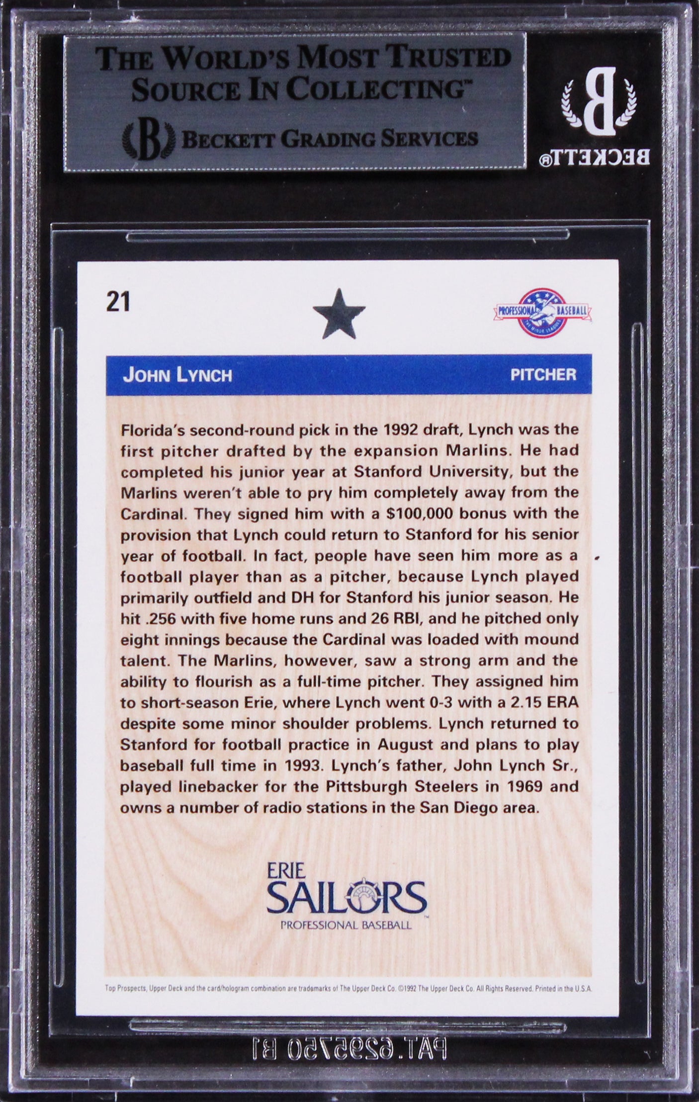 John Lynch "1st Marlins Pitch" Signed 1992 Upper Deck Minors #21 Card BAS Slab