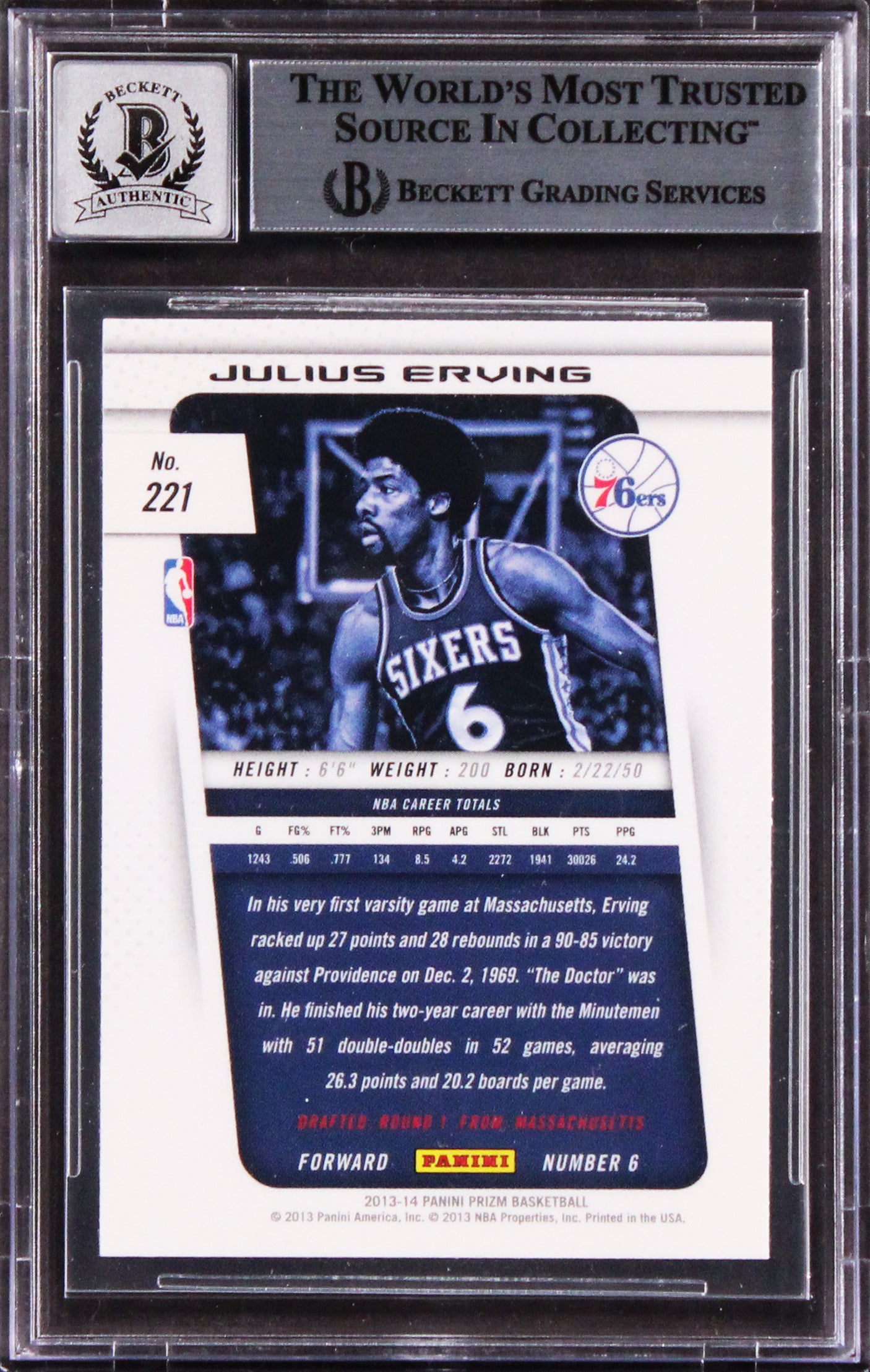 76ers Julius Erving Signed 2013 Panini Prizm #221 Card Auto 10! BAS Slabbed
