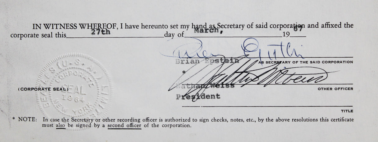 Brian Epstein The Beatles Signed 4 Page 8.5x11 1967 Contract BAS #AE13886
