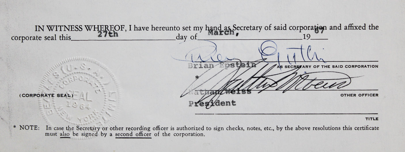 Brian Epstein The Beatles Signed 4 Page 8.5x11 1967 Contract BAS #AE13886