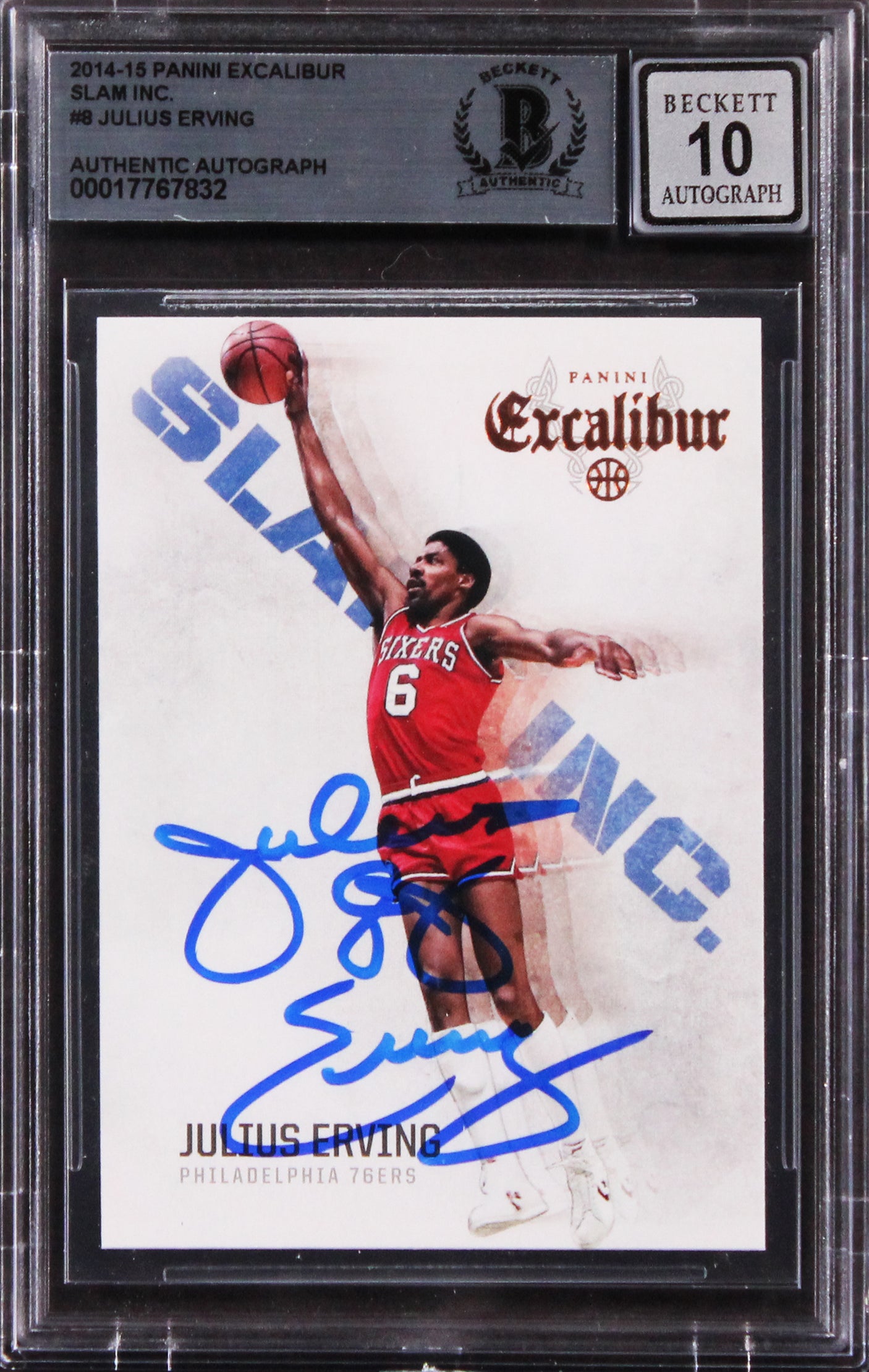 76ers Julius Erving Signed 2014 Panini Excalibur Slam Inc. Card Auto 10 BAS Slab