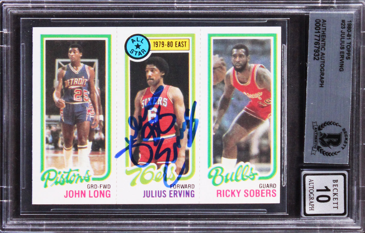 76ers Julius Erving Signed 1980 Topps #23 Card Auto Gem Mint 10! BAS Slabbed