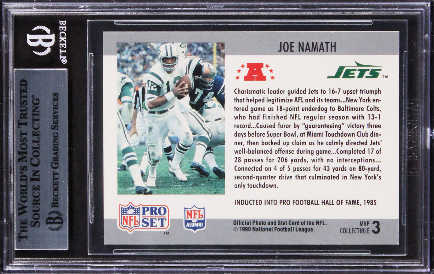 Jets Joe Namath Signed 1990 Pro Set Super Bowl MVP'S #3 Card BAS Slabbed