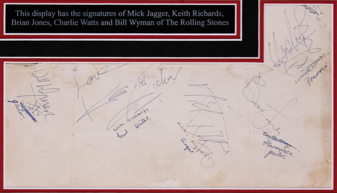Rolling Stones (5) Jagger, Richards, Wyman +2 Signed & Framed 7x11 Cut BAS LOA