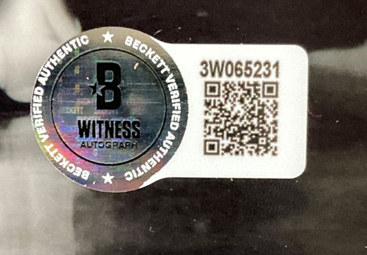 A Beckett Witness Authentic sticker with holographic seal, QR code, and serial 3W065231 on white verifies authenticity for the Sports Integrity Allen Iverson Signed 8x10 Philadelphia 76ers Step Over Lue Photo 2 BAS ITP.