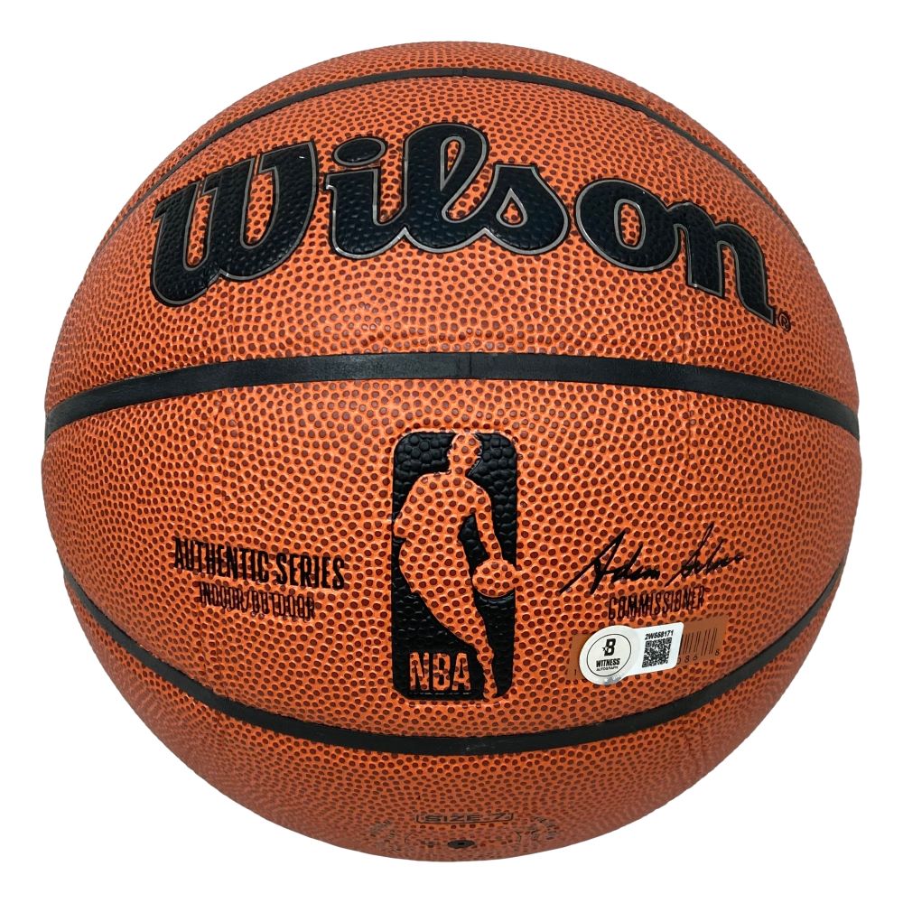 The Sports Integrity Allen Iverson 76ers Signed Wilson NBA I/O Replica Basketball features an orange surface with black seams, black text and logos including the NBA logo and signature, plus a textured finish.