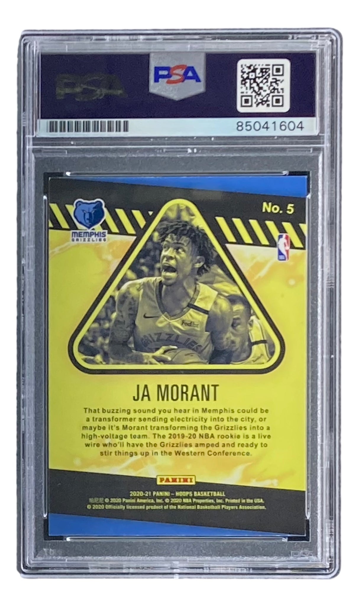 The Ja Morant Signed 2020-21 Panini Hoops #5 Grizzlies Trading Card by Sports Integrity is PSA/DNA Gem MT 10 graded and features Morant’s photo, Memphis Grizzlies logo, and player details on a yellow background.