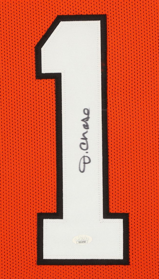Ja'Marr Chase Cincinnati Signed Framed Orange Football Jersey JSA Hologram