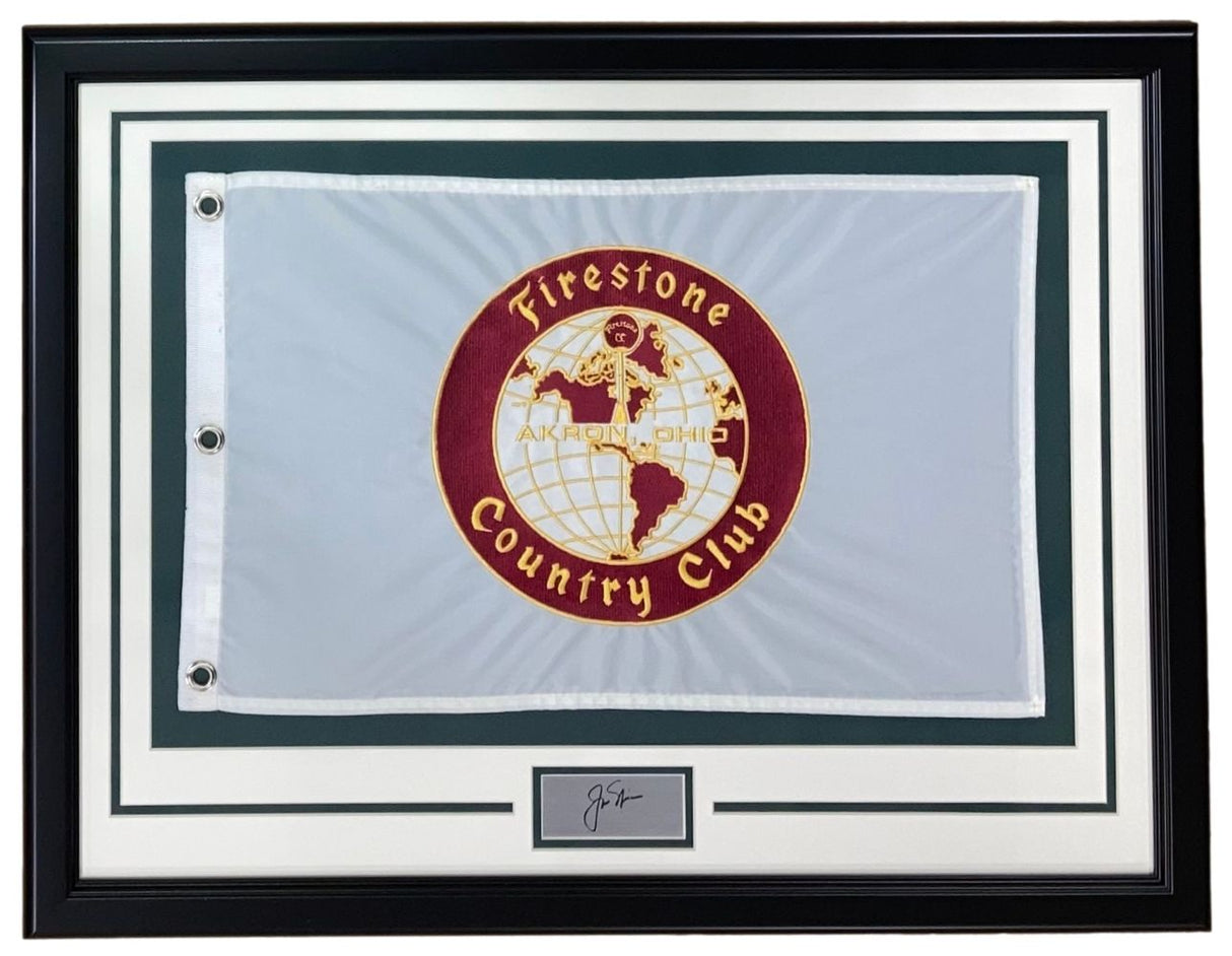 The Sports Integrity Jack Nicklaus Framed Bridgestone Country Club Flag features a maroon and gold logo, a laser-engraved signature plaque, and is elegantly displayed with white and green borders.