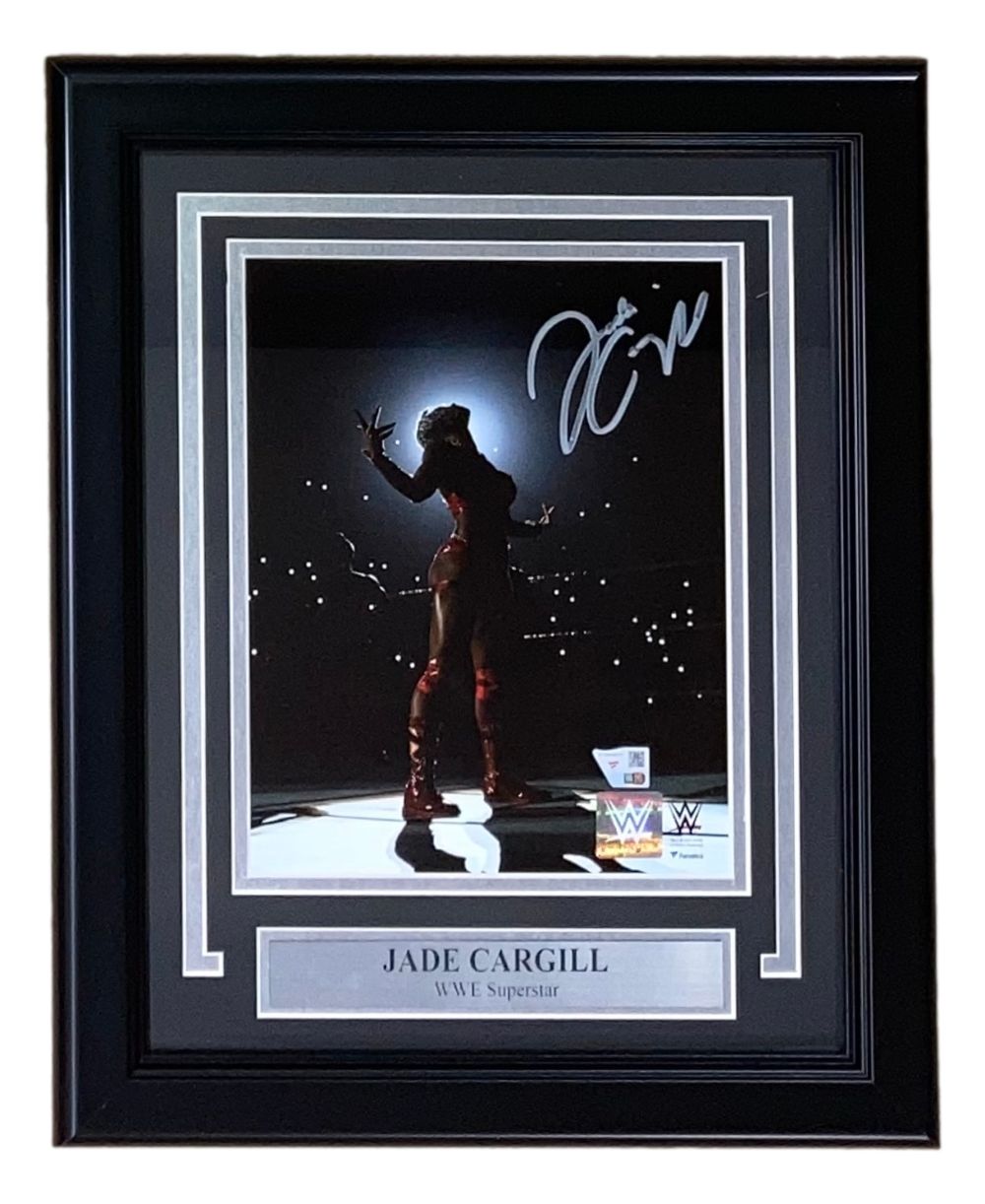 The Sports Integrity Jade Cargill Signed Framed 8x10 WWE Photo by Fanatics features her autographed image on stage, complete with a metallic plaque displaying her name and WWE Superstar below the photo.