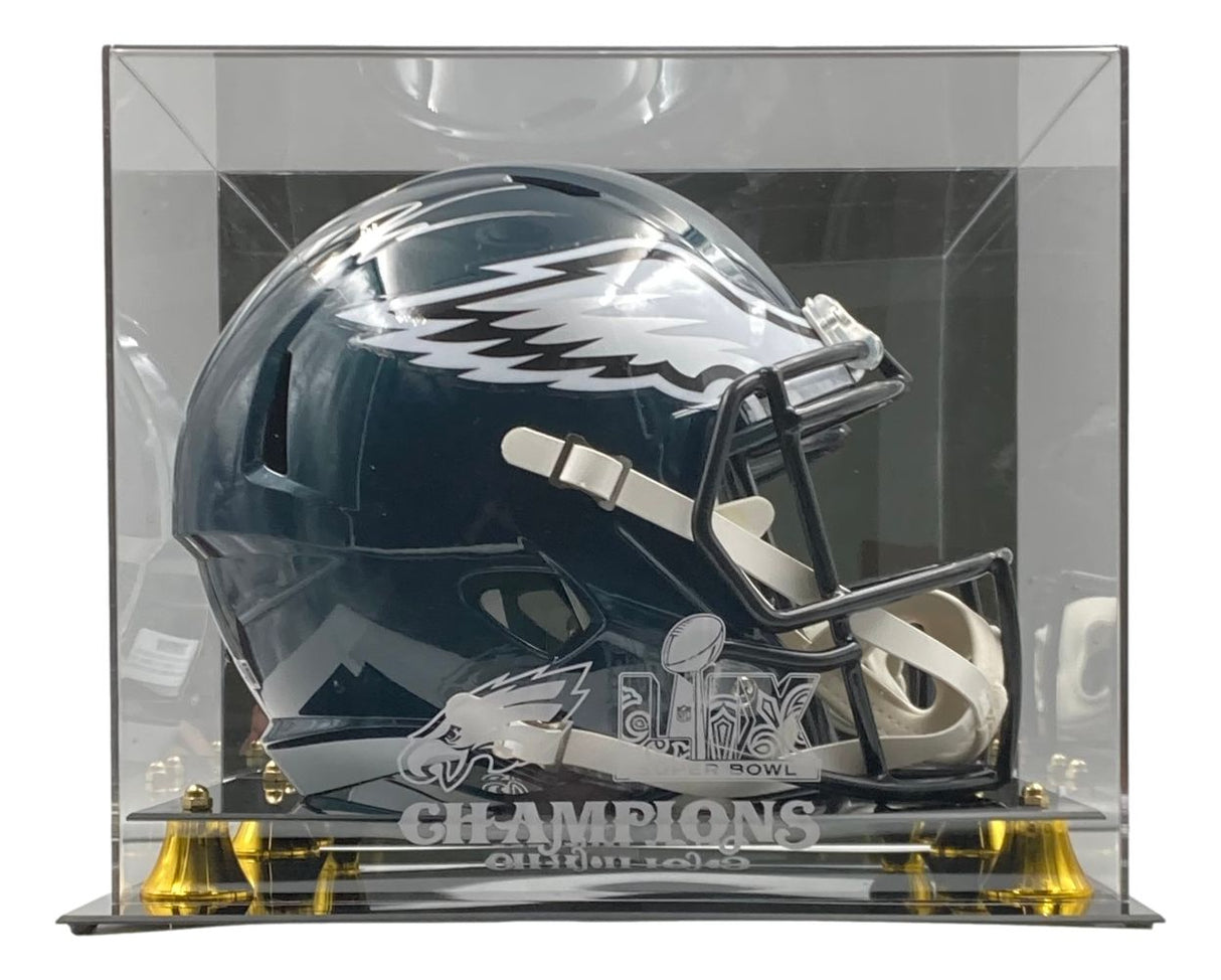 A Jalen Carter signed Eagles FS replica Speed helmet by Sports Integrity is displayed in a case featuring the Eagles logo, Super Bowl LIX graphics, and "CHAMPIONS" etched on the front.