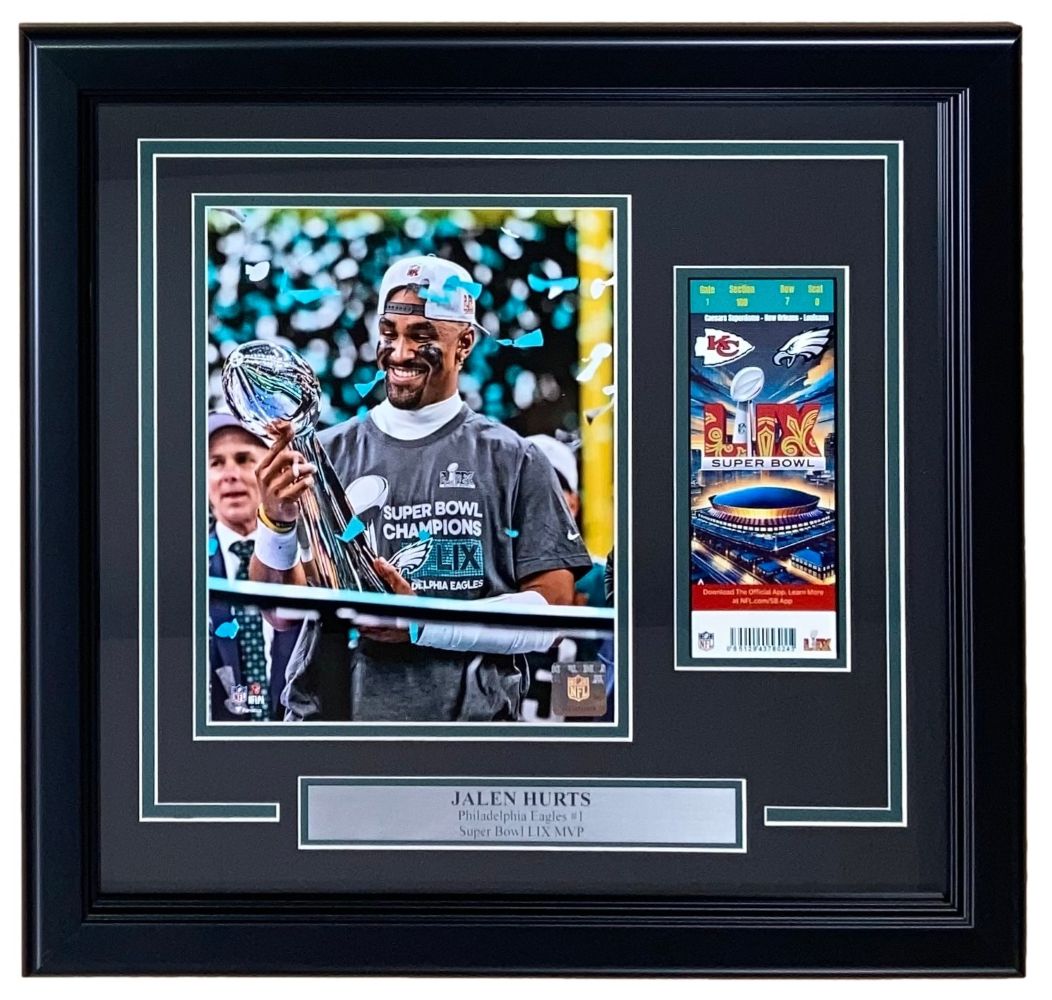 Sports Integrity Jalen Hurts Framed 8x10 photo shows him with the MVP trophy, includes a replica Super Bowl LIX ticket and a plaque highlighting his name and achievements.