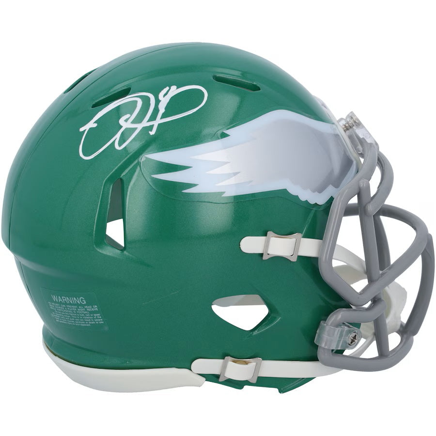 The Sports Integrity Jalen Hurts Signed Philadelphia Eagles Kelly Green Mini Speed Helmet Fanaticx features a green shell, white wing design, silver facemask, and Jalen Hurts' autograph in white marker on the side.