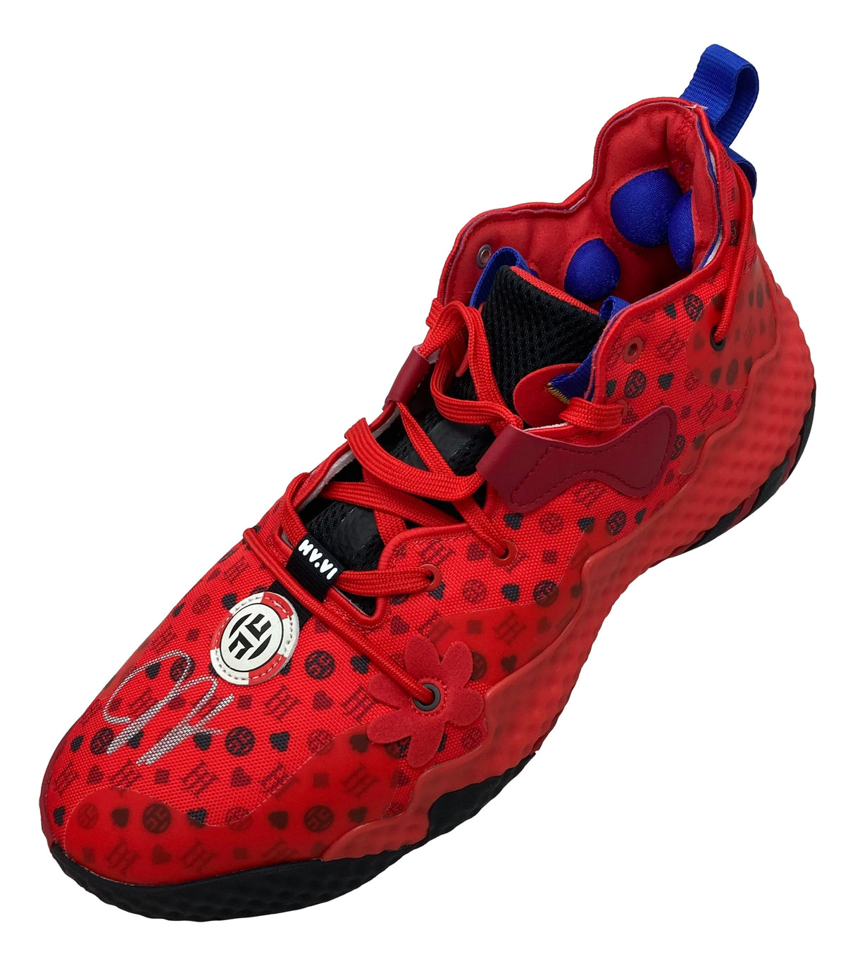 The James Harden Signed Left Adidas Harden Volume 6 Shoe by Sports Integrity features a red upper, black sole and patterns, blue lining and pull tab, plus a signature and logo on the toe.