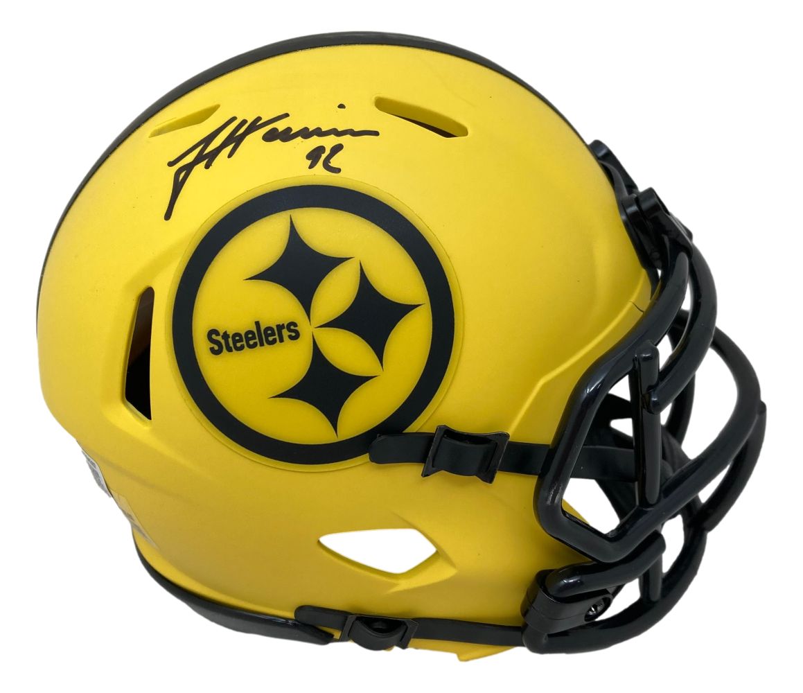 The Sports Integrity James Harrison Signed Pittsburgh Steelers Rave Mini Speed Helmet BAS is a yellow helmet with a black faceguard, team logo, and Harrison's signature with the number 90 in black marker on top.