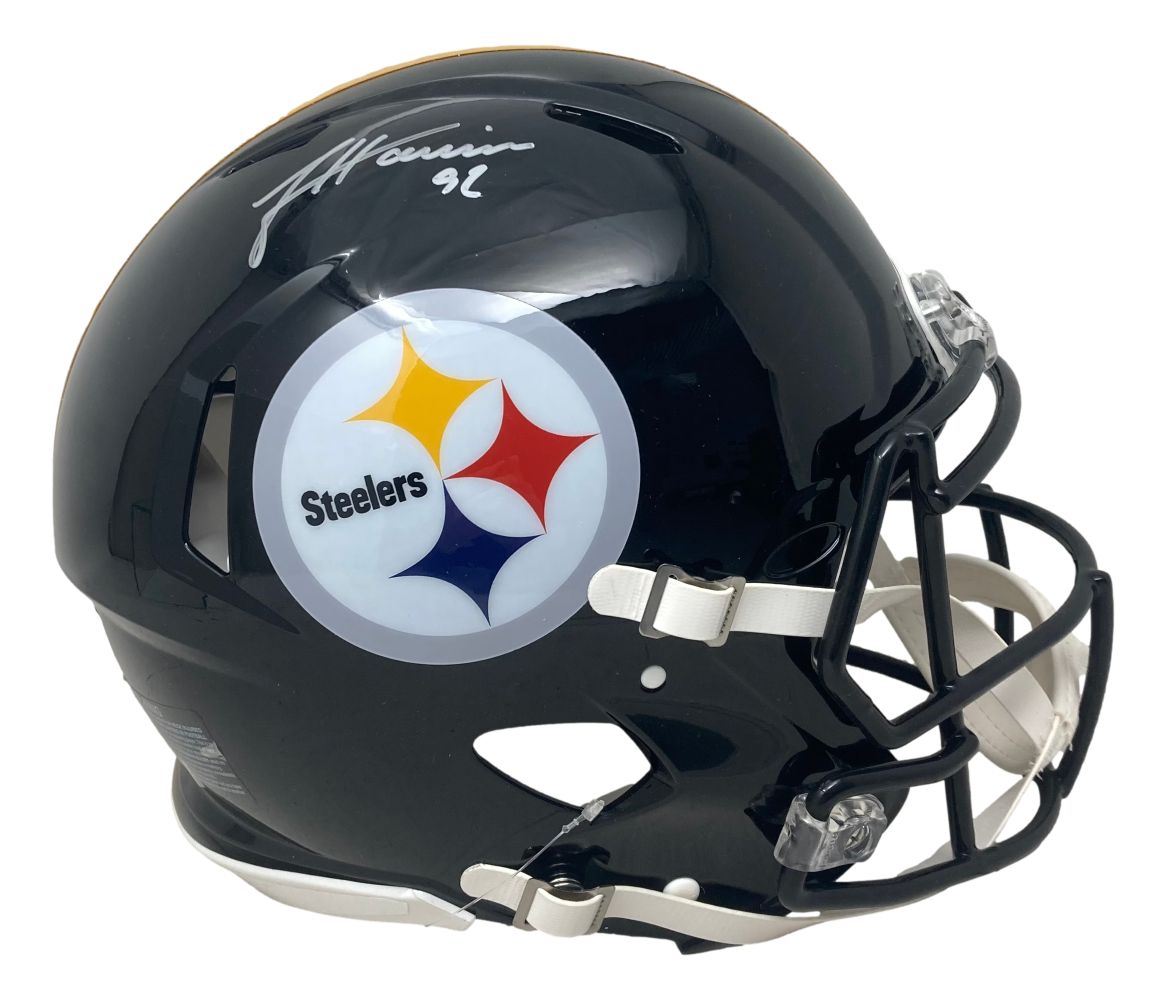 A James Harrison signed Pittsburgh Steelers full size authentic Speed helmet by Sports Integrity, featuring the team logo and a white autograph on top.