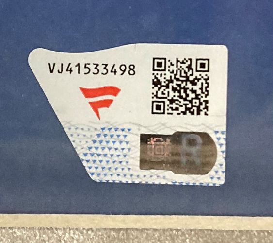 A "Jared Goff Signed Framed 16x20 Detroit Lions Photo Fanatics" label by Sports Integrity features code “VJ41533498,” a red F logo, QR code, holographic security, all on a blue background.