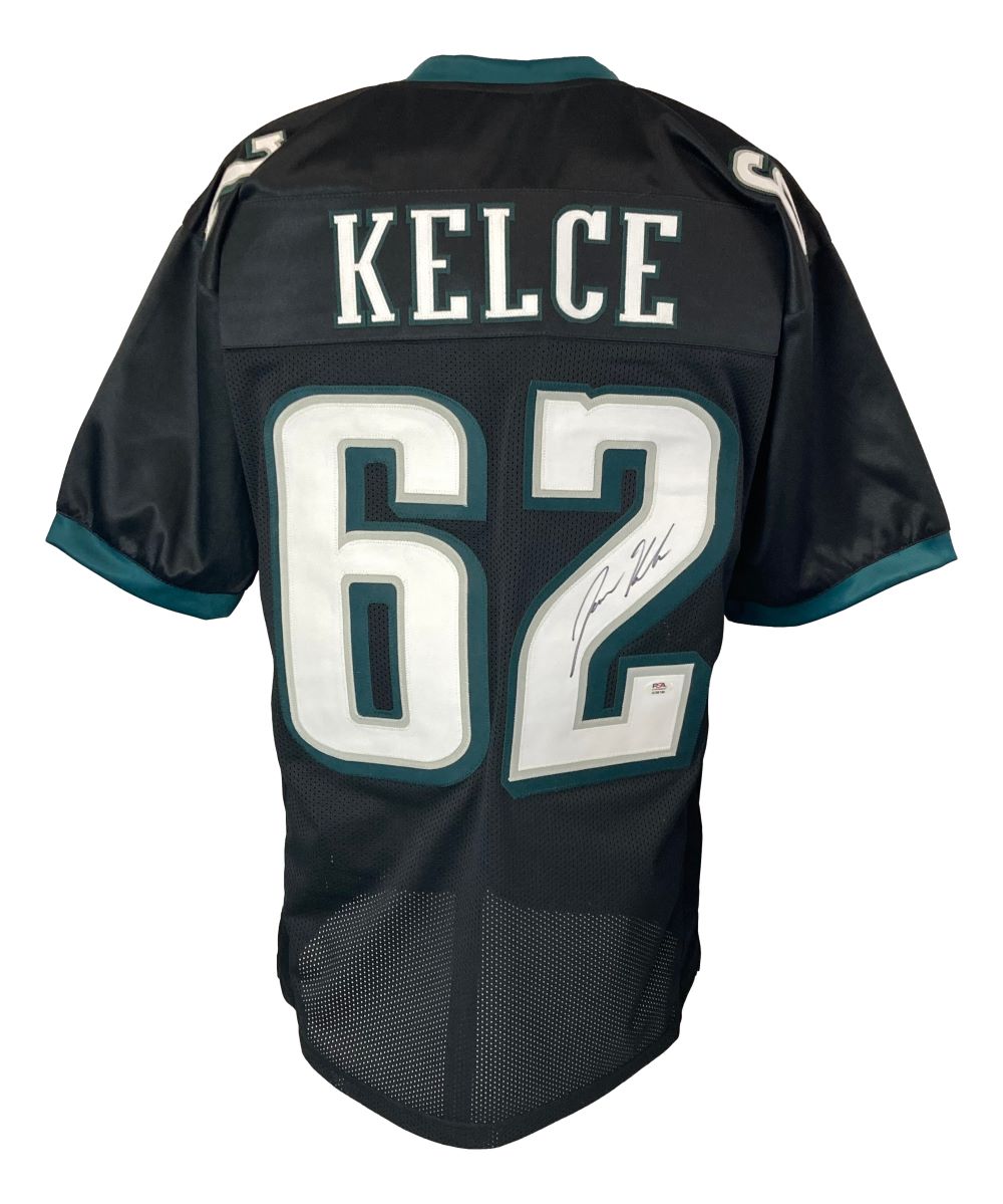 The Sports Integrity Jason Kelce Philadelphia Signed Black Football Jersey features teal and white accents, KELCE and 62 on the back, plus a visible autograph with a PSA ITP hologram.