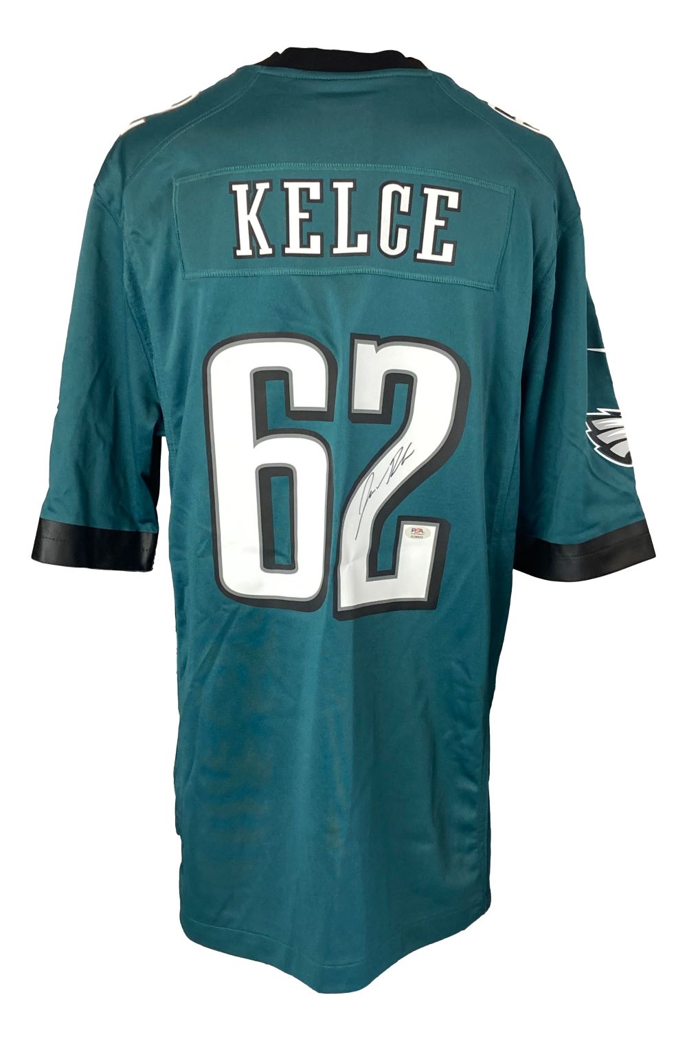 The Sports Integrity Jason Kelce Signed Philadelphia Eagles Nike Game Replica Jersey features Kelce’s name, number 62, and his signature on the number, authenticated by a PSA ITP hologram.