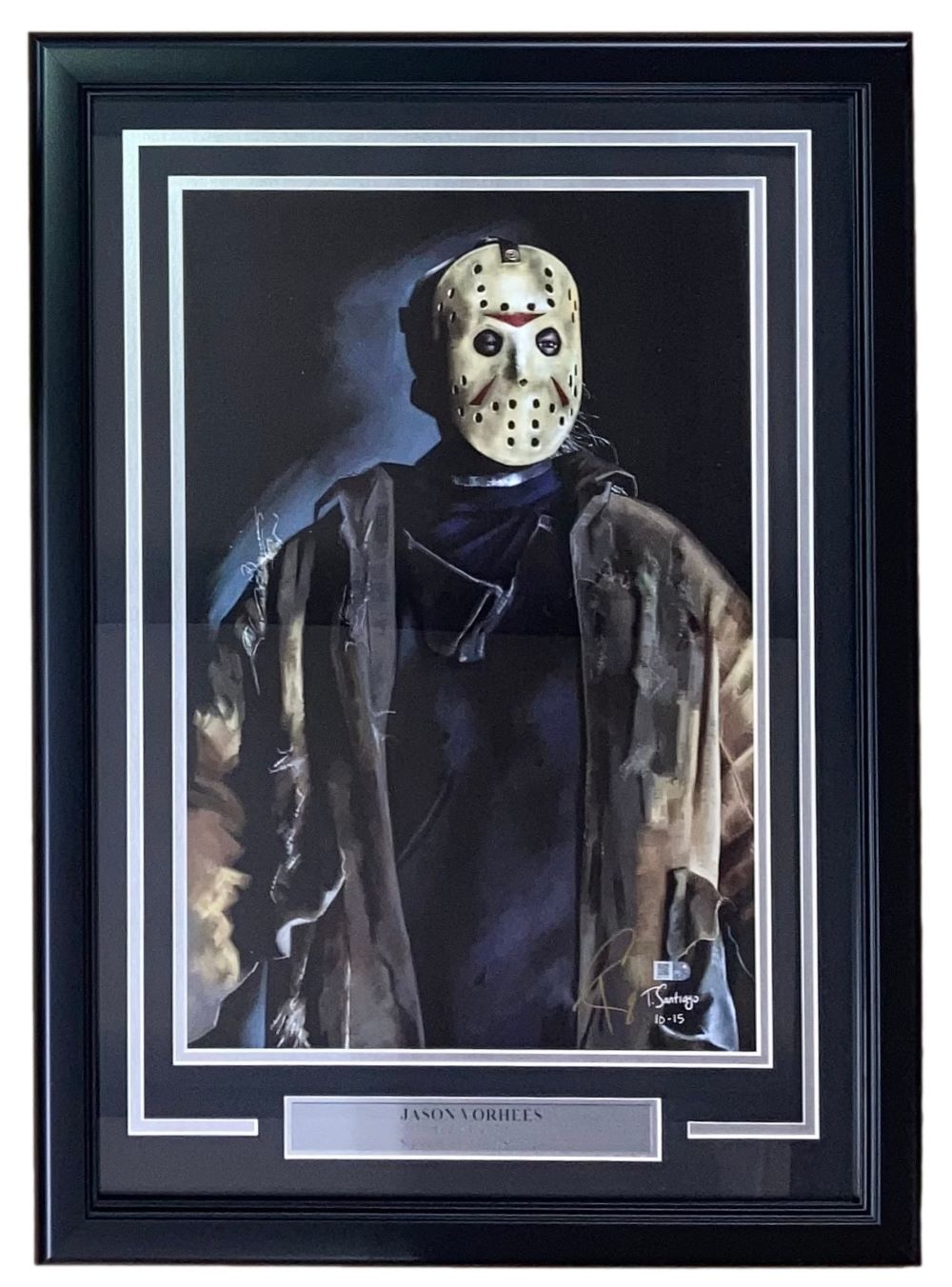 The Sports Integrity Jason Voorhees Framed 13x19 Friday The 13th Lithograph, signed by Tony Santiago, features the iconic horror character in his hockey mask against a dark backdrop, complete with a nameplate at the bottom.