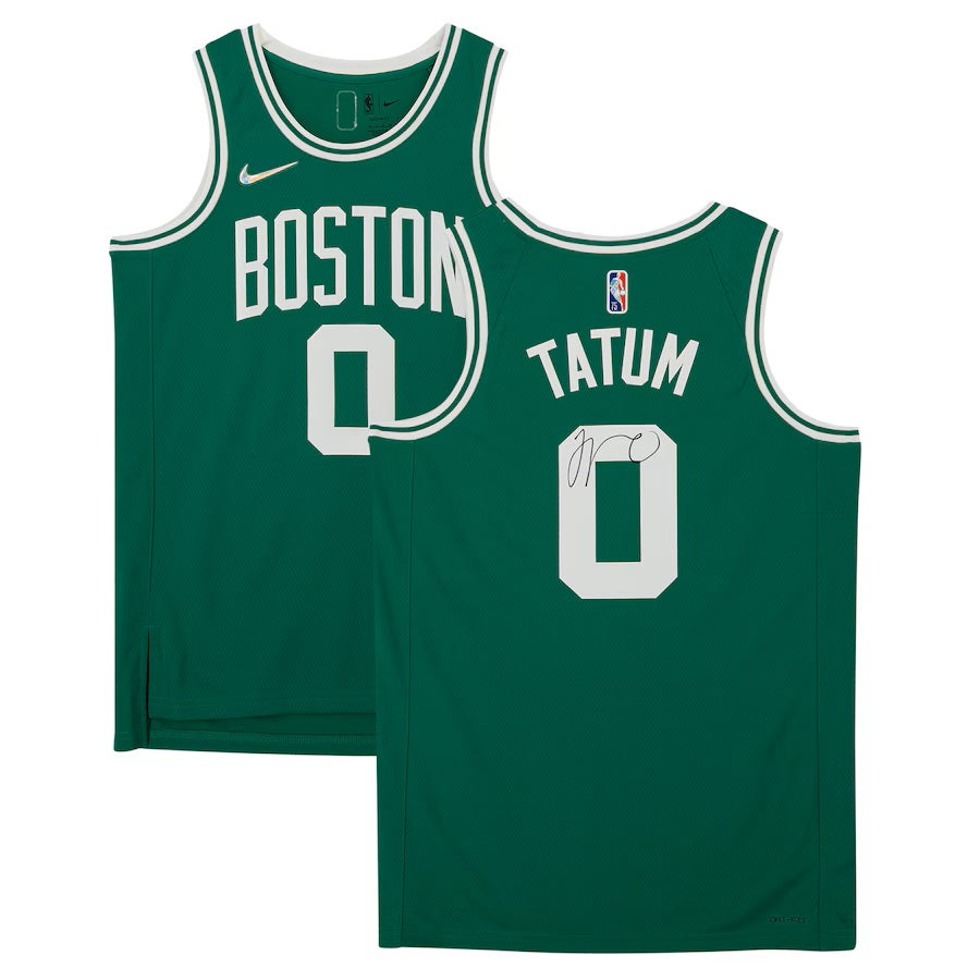The Sports Integrity Jayson Tatum Signed Boston Celtics 2021/22 Green Nike Diamond Swingman Jersey features white trim, BOSTON 0 on the front, TATUM 0 with signature on the back, plus visible Nike and NBA logos.