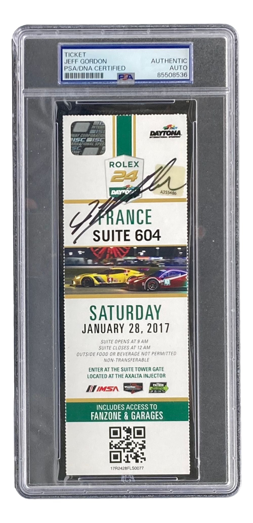 The Jeff Gordon Signed Slabbed 2017 NASCAR Daytona Rolex 24 Suite 604 Ticket by Sports Integrity comes in a PSA slab, featuring authentication details and race car images.