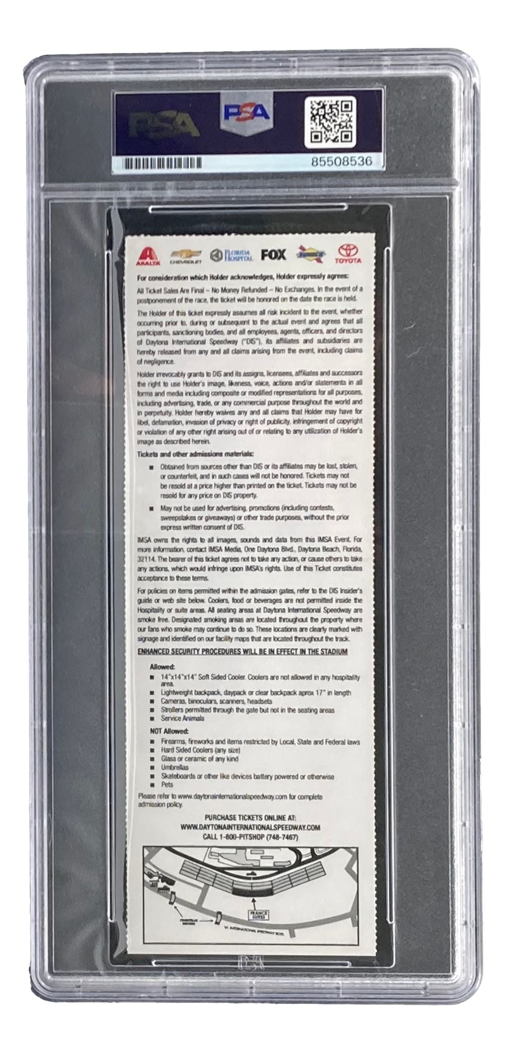 The back of a PSA-authenticated Jeff Gordon Signed Slabbed 2017 NASCAR Daytona Rolex 24 Suite 604 Ticket by Sports Integrity, in a protective case, displays detailed text, logos, and barcodes for authentication.