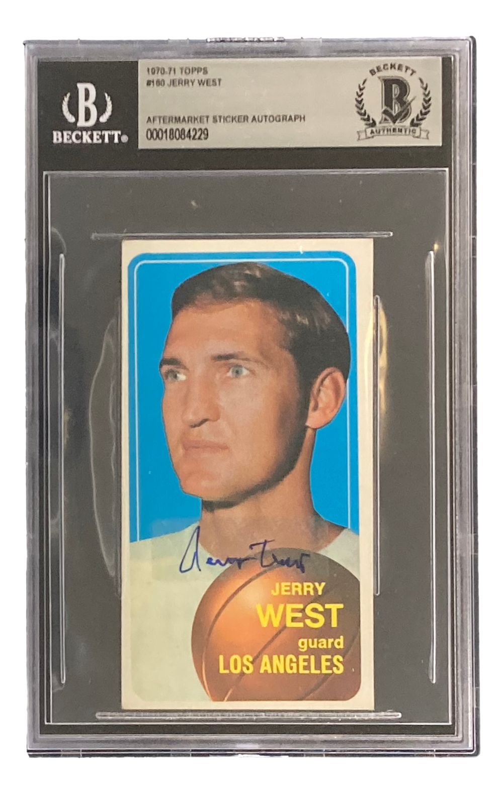 A Sports Integrity Jerry West Signed 1970-71 Topps #160 Los Angeles Lakers Trading Card BAS, featuring his portrait, signature across the front, “JERRY WEST guard LOS ANGELES” text, and Beckett authentication with barcode at the top.