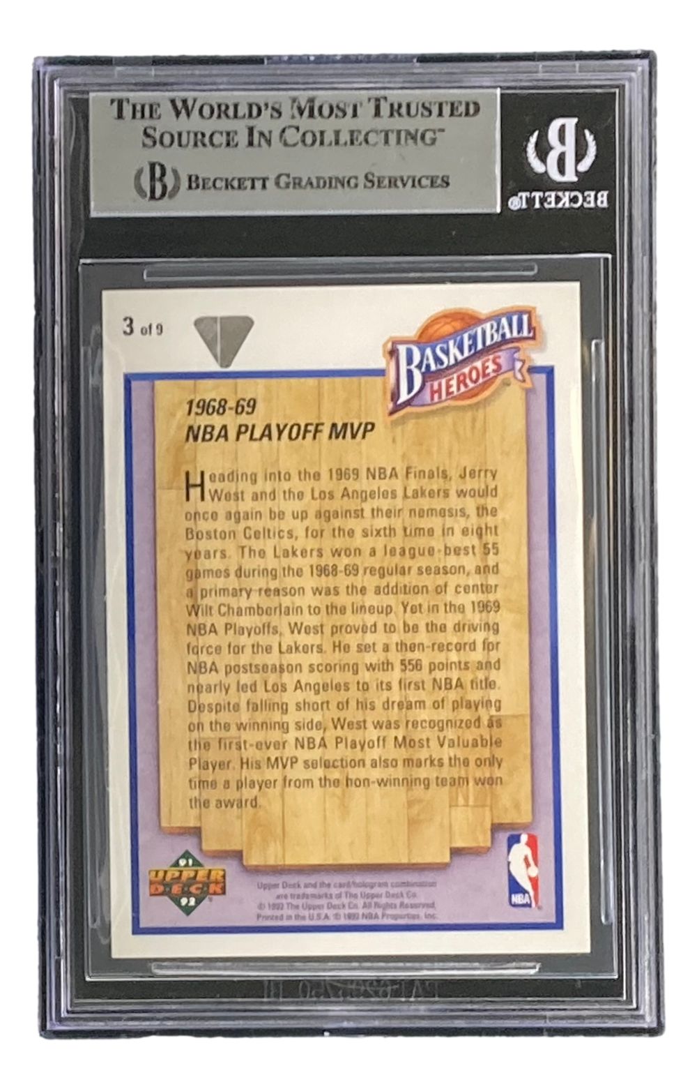 The Jerry West Signed 1991-92 UD Jerry West Heroes #3 Lakers Trading Card by Sports Integrity is encased in a Beckett holder, featuring highlights of the 1968-69 NBA Playoff MVP and achievements on the card.
