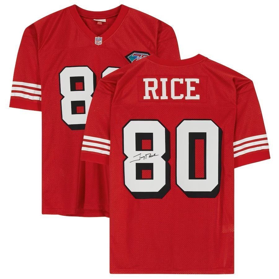 Front and back views of a Jerry Rice Signed San Francisco 49ers Authentic Mitchell & Ness Jersey by Sports Integrity, featuring white sleeve stripes, number 80 on both sides, RICE above the back number, and an autograph on the back.