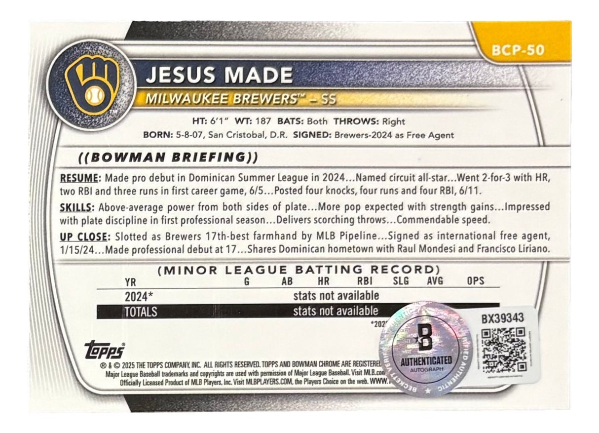 Jesus Made Signed 2025 Bowman Chrome 1st Bowman Brewers Rookie Card BAS