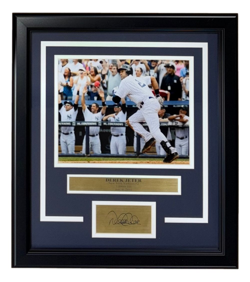Sports Integrity Derek Jeter Framed 8x10 New York Yankees 3000 Hit Photo features a laser-engraved autograph and nameplate, showing Jeter in action with cheering fans in the background.