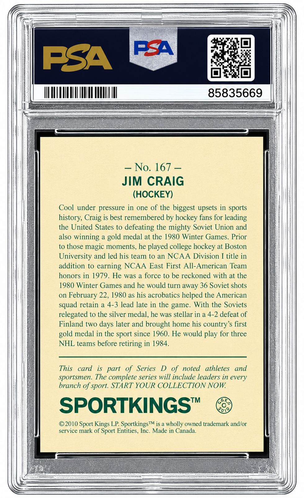 Jim Craig Signed 2010 Sports Kings #167 Trading Card PSA/DNA Auto 10