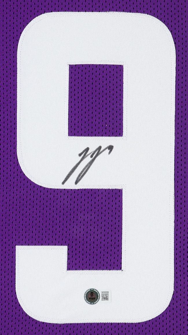 JJ McCarthy Minnesota Signed Framed Purple Football Jersey BAS