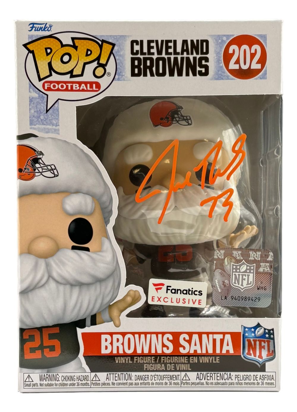 Joe Thomas signed Cleveland Browns Santa Funko Pop #202 by Sports Integrity, featuring an orange autograph on the boxed front plastic and NFL logo, Fanatics Exclusive.