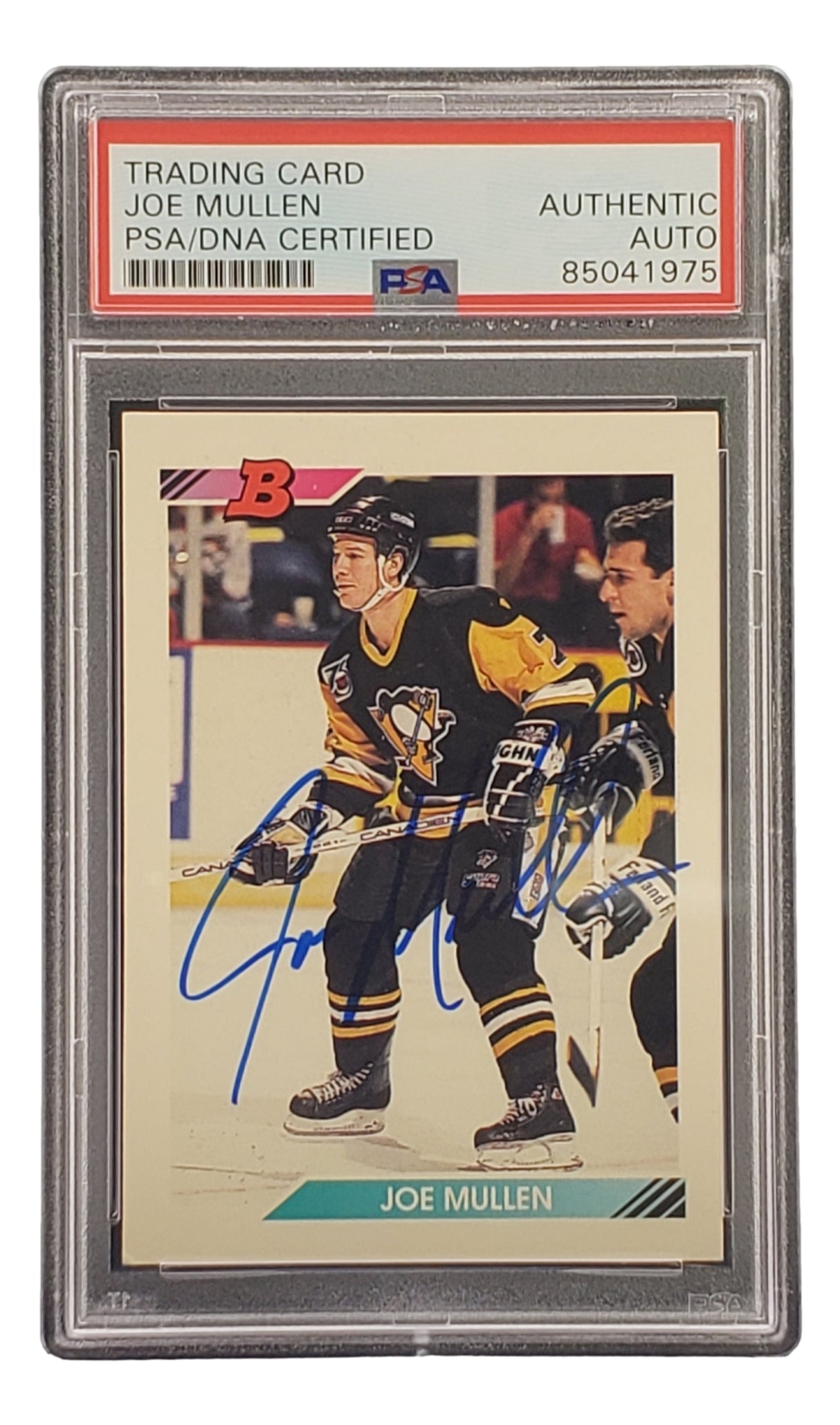 The Sports Integrity Joe Mullen Signed 1992 Bowman #58 Pittsburgh Penguins Hockey Card is PSA/DNA certified and features Mullen in uniform.