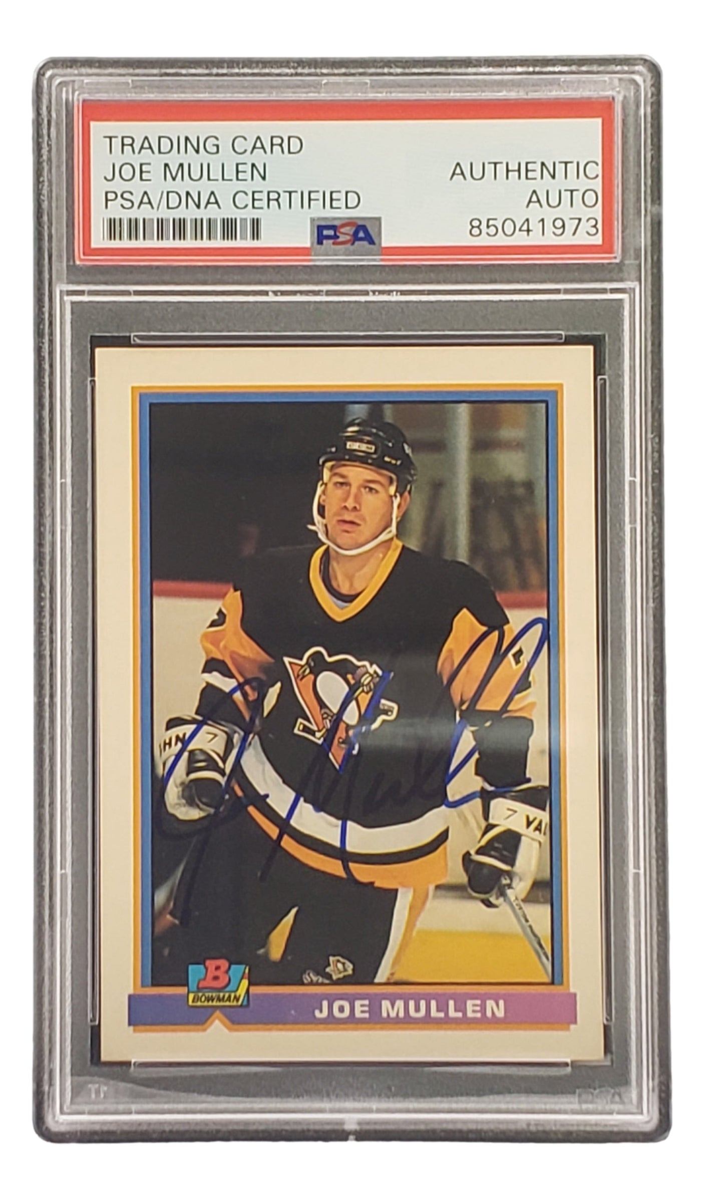 Joe Mullen Signed 1991 Bowman #79 Pittsburgh Penguins Hockey Card PSA/DNA