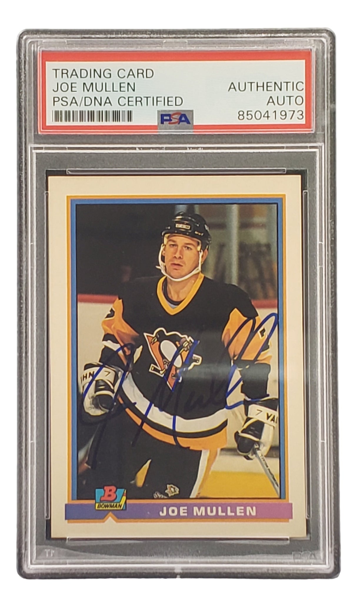 Sports Integrity Joe Mullen Signed 1991 Bowman #79 Pittsburgh Penguins Hockey Card, PSA/DNA AUTHENTIC AUTO encapsulated.