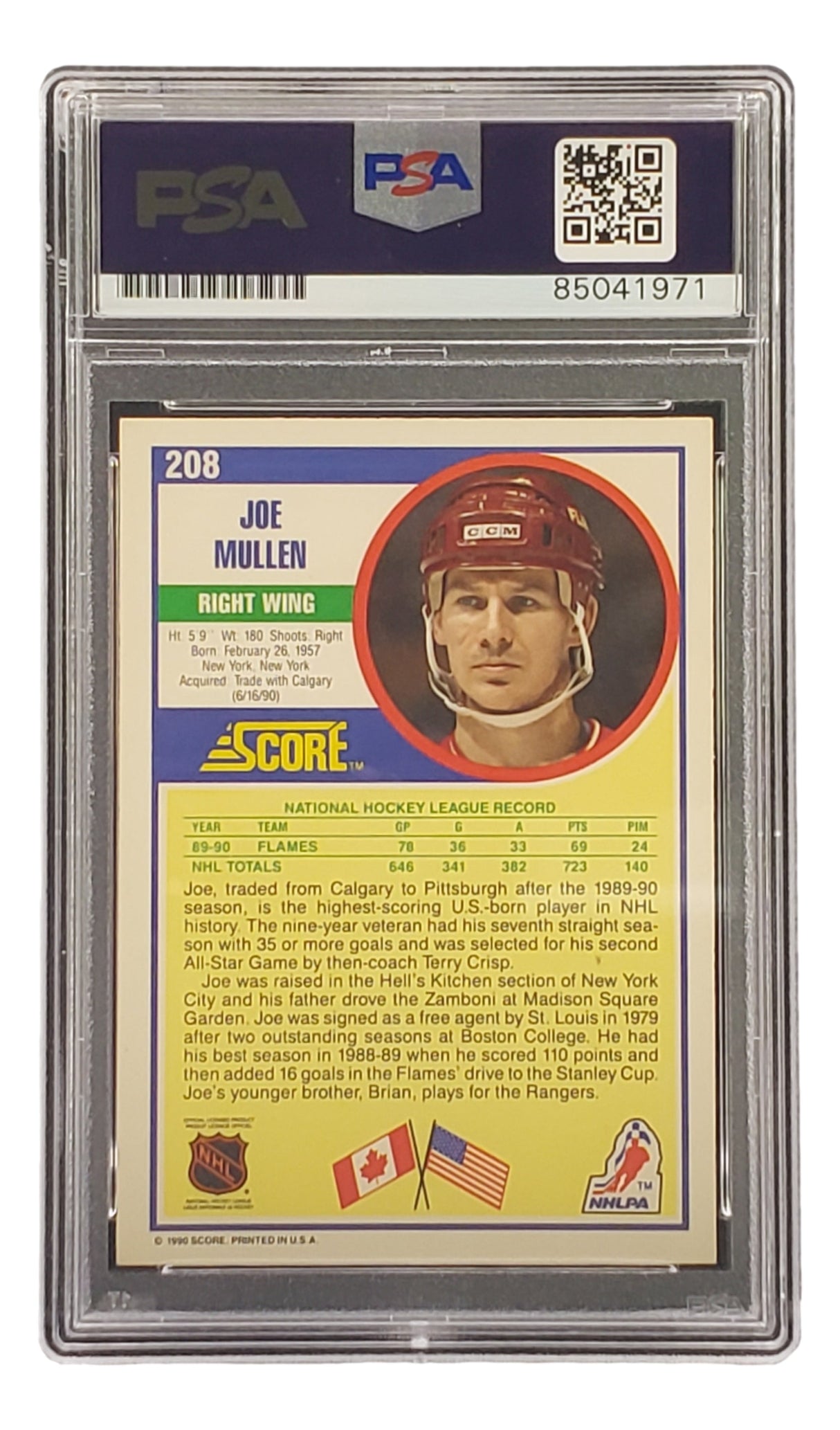 The Sports Integrity Joe Mullen Signed 1990 Score #208 Calgary Flames Hockey Card is PSA/DNA certified, featuring his stats, career highlights, team logos, and a portrait in a circle near the top right.
