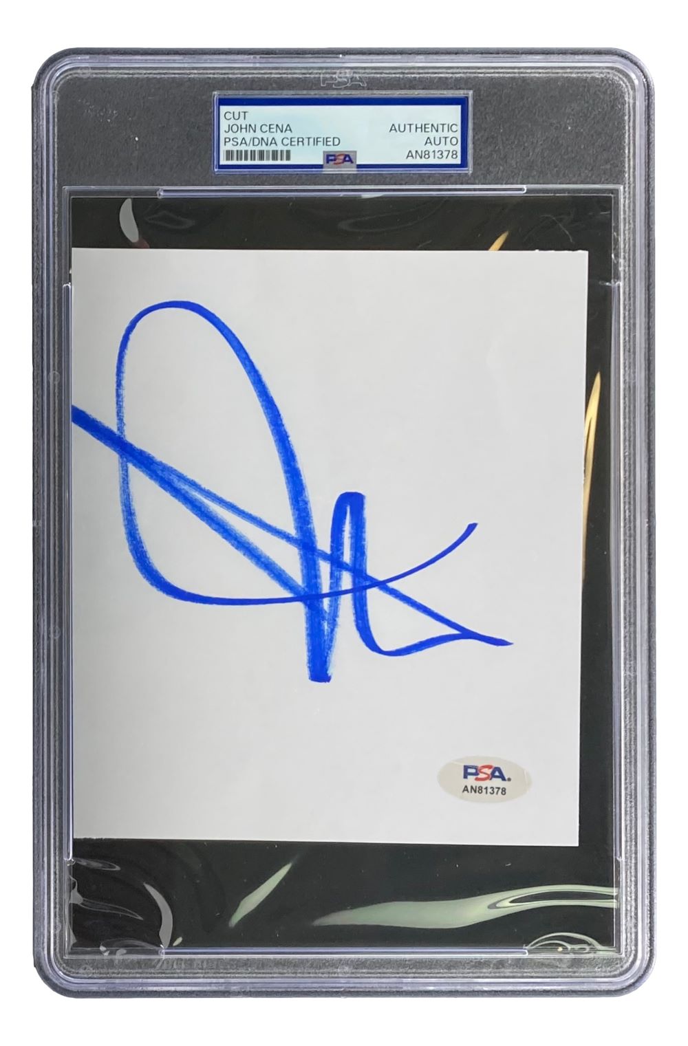 The Sports Integrity John Cena Signed Slabbed WWE Cut Signature (PSA AN81378) features a bold blue autograph on white paper, encased in a clear PSA holder with authentication label at the top.