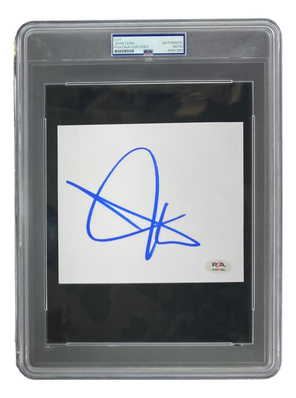 The Sports Integrity John Cena Signed Slabbed WWE Large Cut Signature (PSA AN81380) features a bold, stylized autograph on a white card in a clear PSA holder with an authenticity label and certification sticker at the lower right corner.