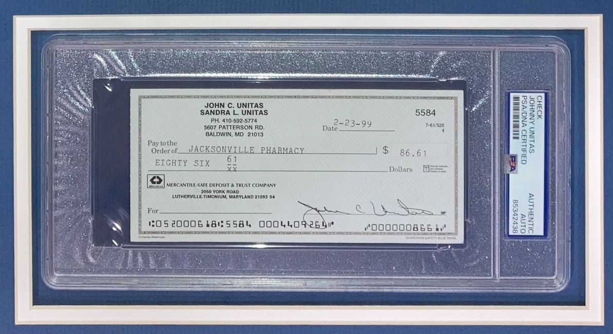 Johnny Unitas Baltimore Colts Signed Framed Bank Check #5584 PSA - Sports Integrity