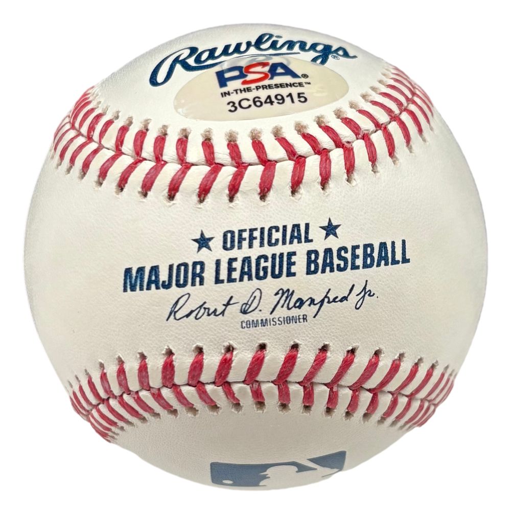A Jonathan Aranda Tampa Bay Rays signed Official MLB baseball by Sports Integrity, featuring red stitching, the MLB logo, commissioner's signature, and a PSA/DNA authentication sticker with serial number.
