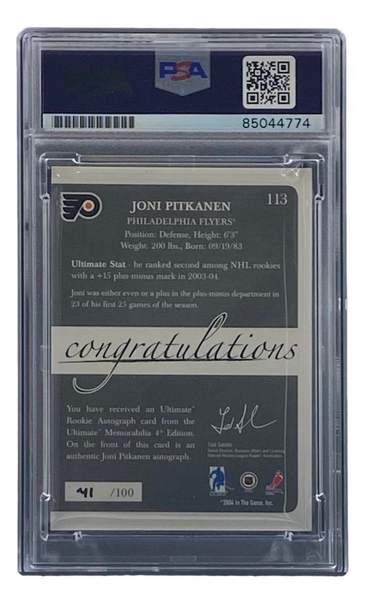 Joni Pitkanen Signed 2004 Ultimate #113 Philadelphia Flyers Hockey Card PSA/DNA - Sports Integrity