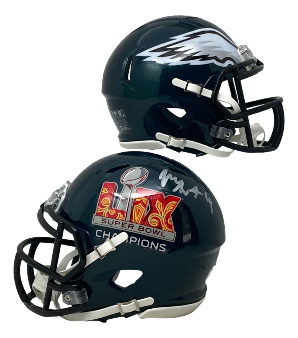 Josh Sweat Signed Philadelphia Eagles Super Bowl LIX Mini Speed Helmet by Sports Integrity features a dark green shell, black facemask, team wing logo on one side, and Super Bowl LIX Champions logo with silver signature on the other.