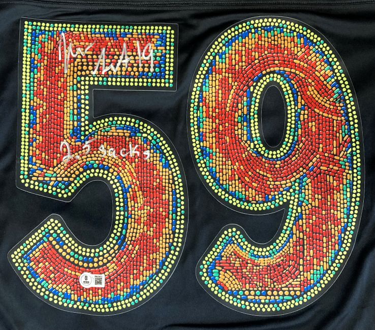 The Josh Sweat Signed Eagles Super Bowl 59 LIX Nike Limited Jersey by Sports Integrity is black and features a mosaic-style number 59 in vibrant colors with white autographs and text on the number.