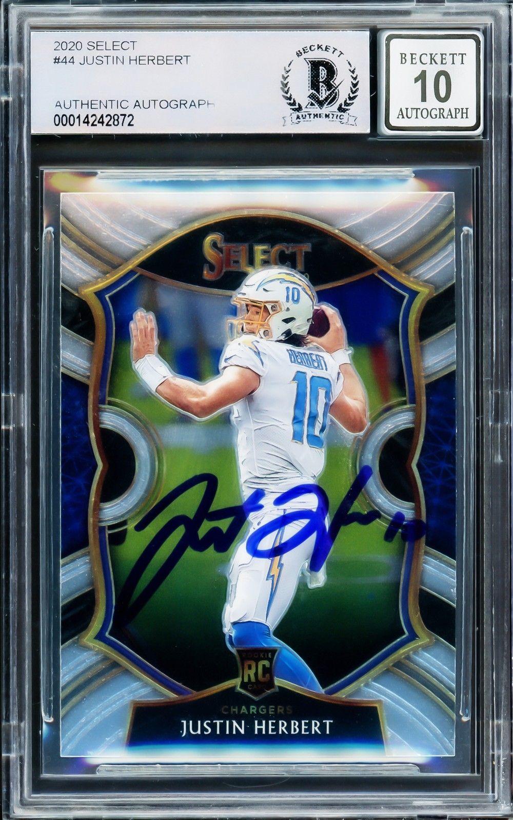 Justin Hebert Signed 2020 Panini Select #44 Chargers Rookie Card BAS Auto 10
