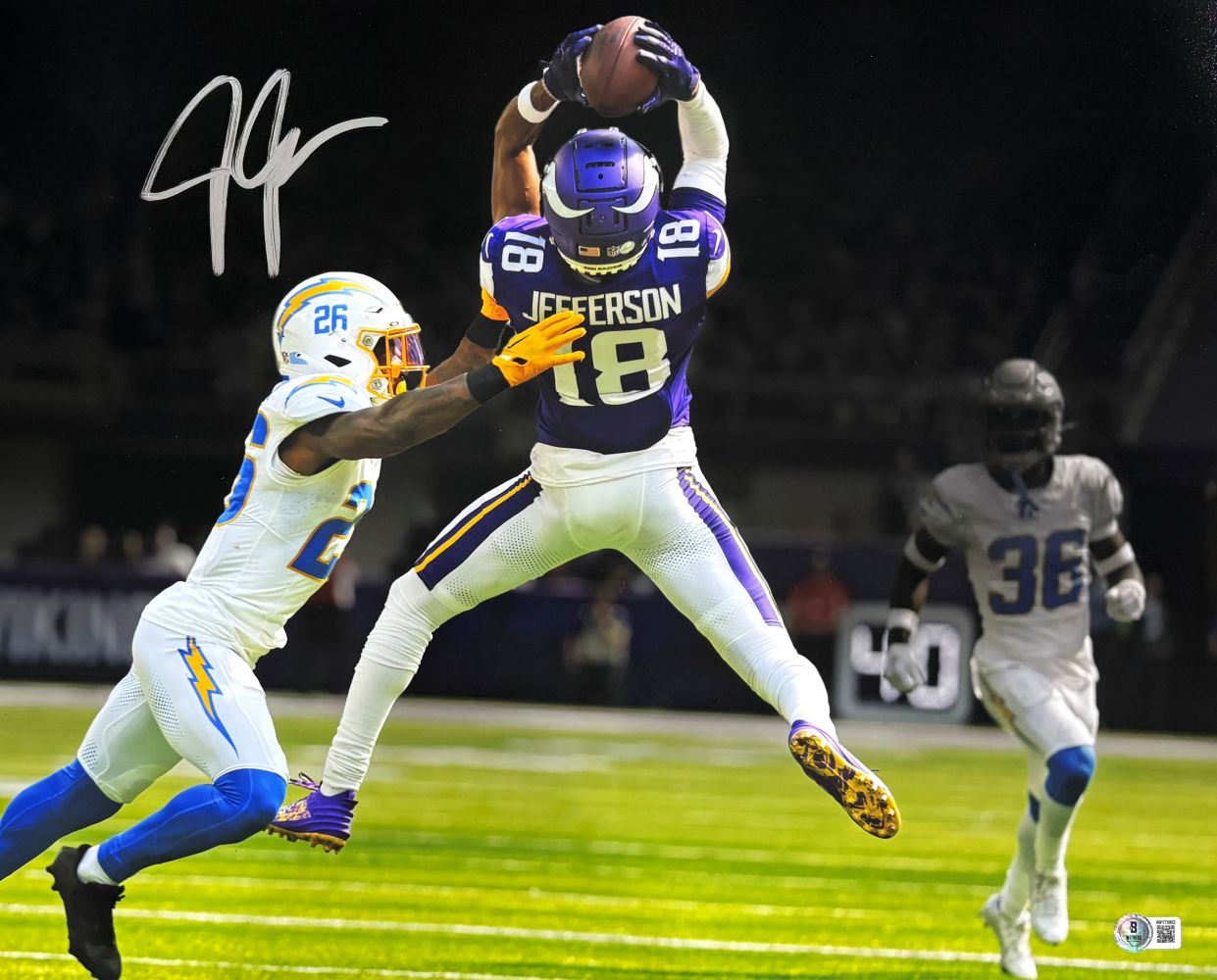 A Justin Jefferson Signed 16x20 Minnesota Vikings Photo vs Chargers by Sports Integrity shows Jefferson in a purple jersey leaping for a catch, defended by a player in white, with another in gray watching; autograph on top left.