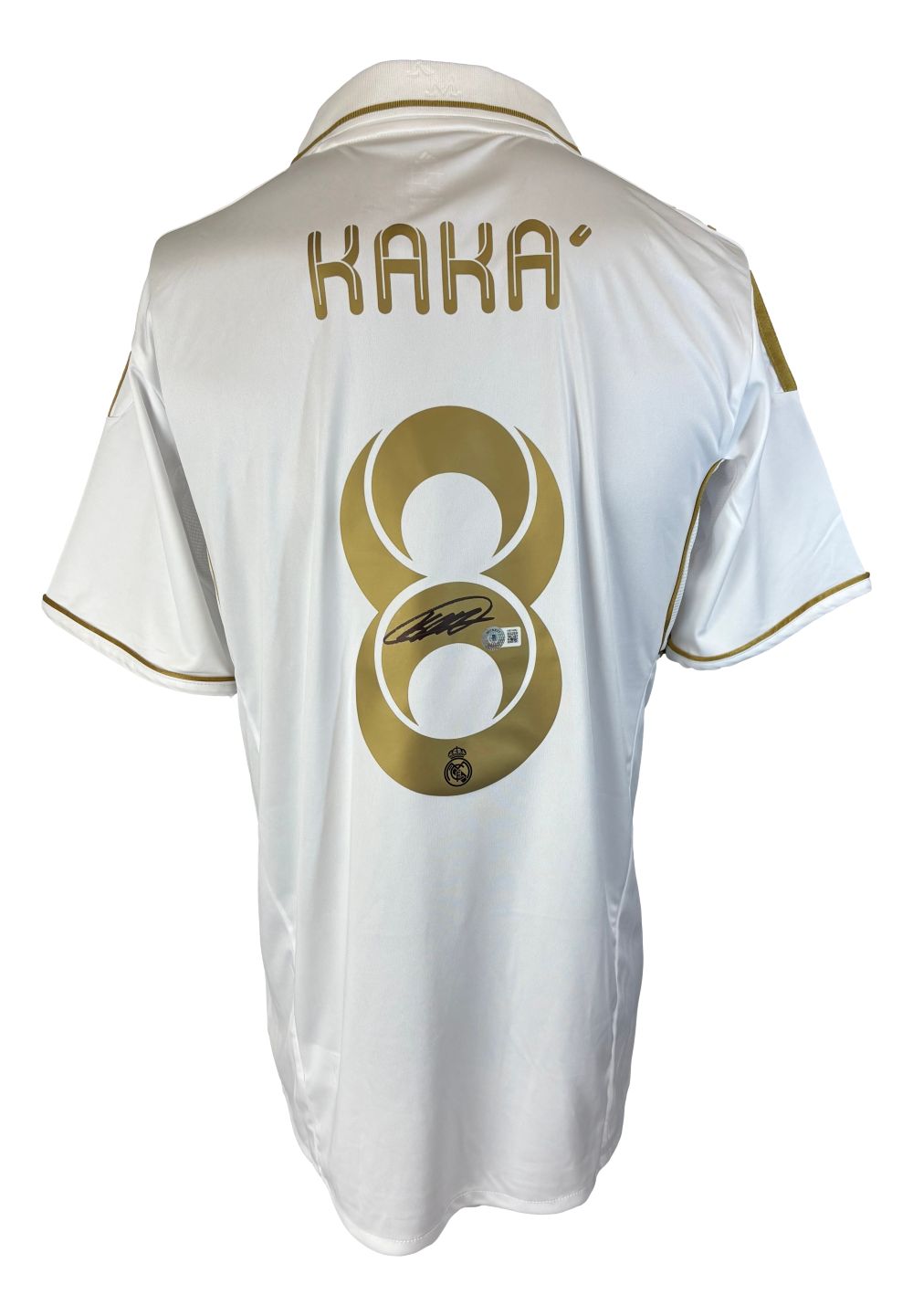 A Kaka Signed Real Madrid White Adidas Soccer Jersey (#8, gold lettering) by Sports Integrity, featuring an autograph on the number.